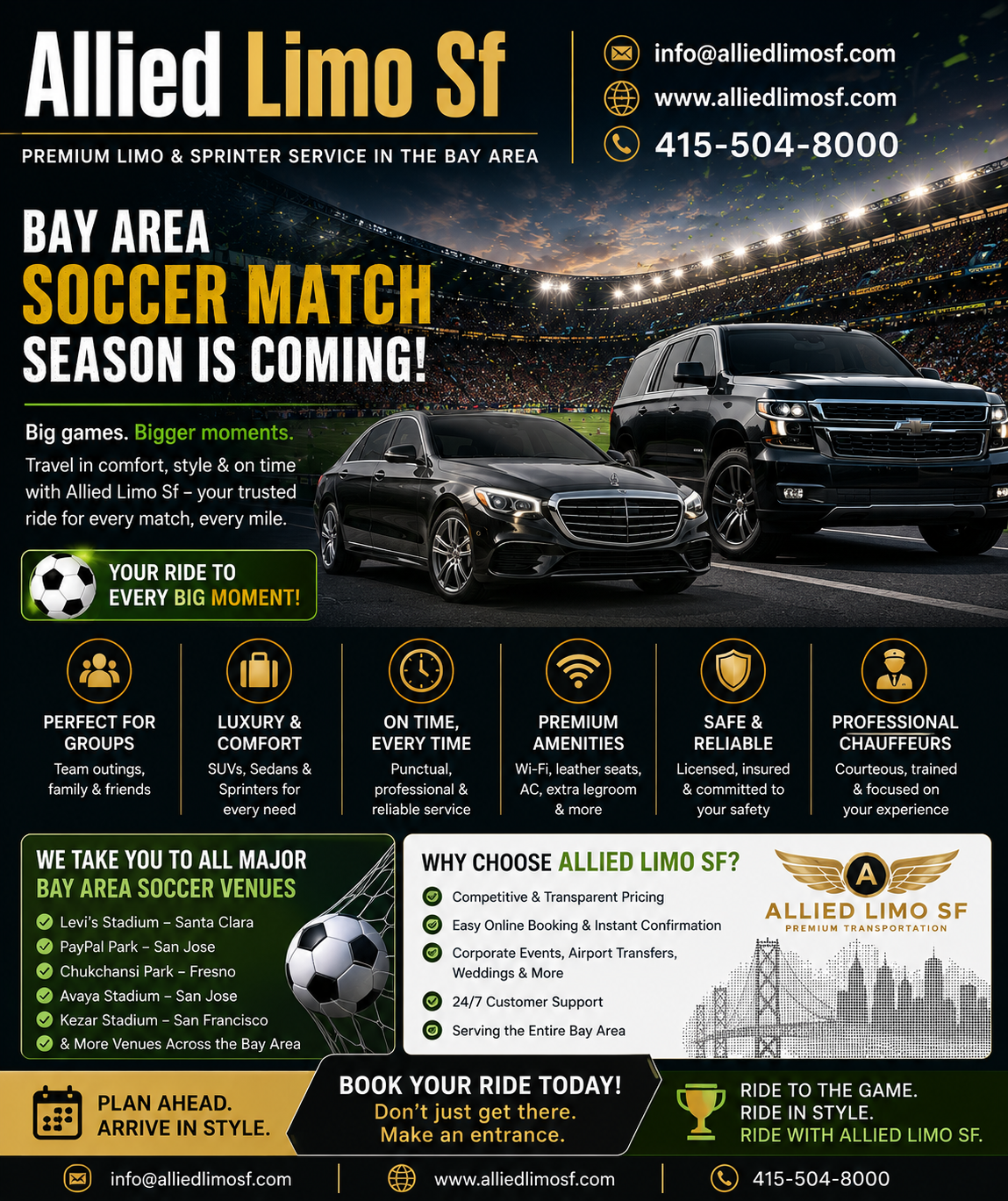 Bay Area Soccer Match 2026 Limo Service | Luxury Sprinter, SUV & Sedan Transportation | Allied Limo SF